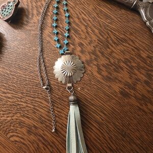 Silver Tone and Turquoise Pendant Necklace with Tassel And Cactus Leather Pin